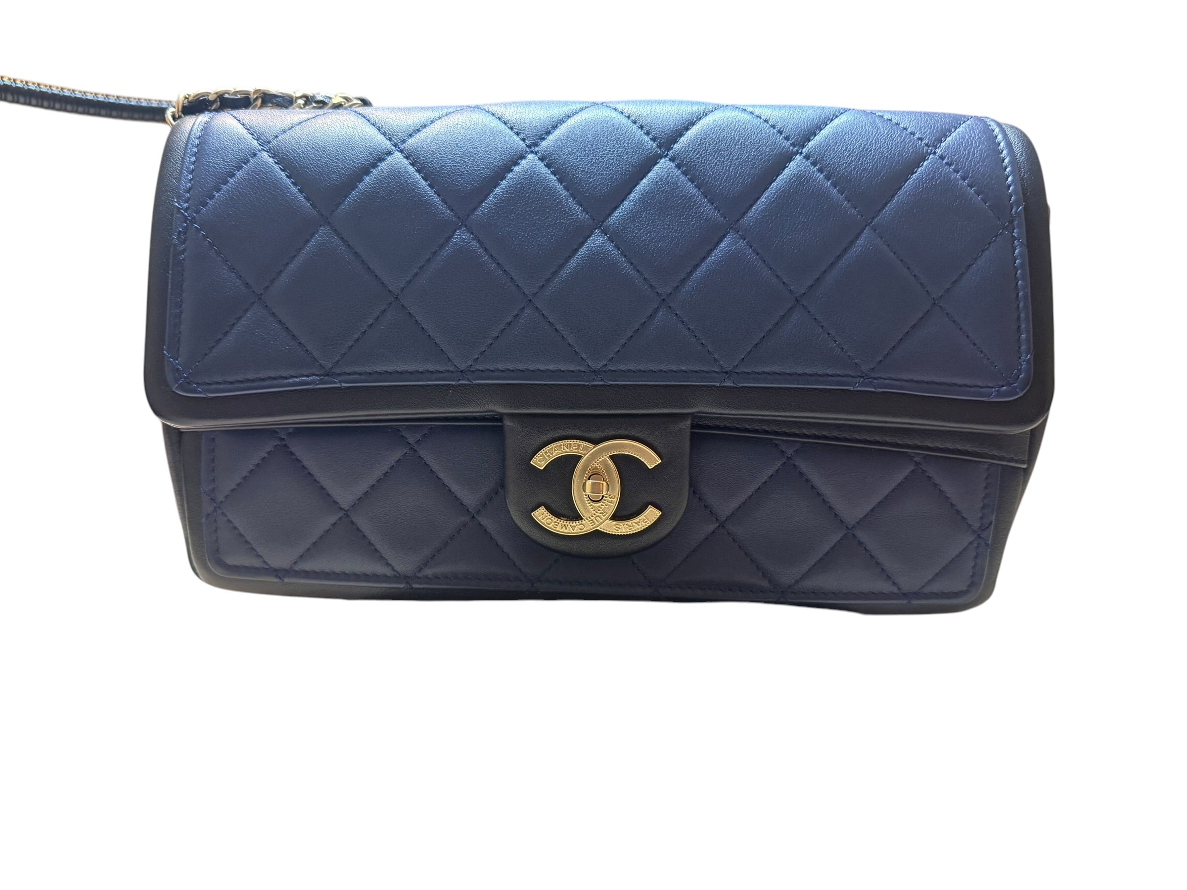 Authentic Chanel Blue Leather Bag with Black Trim Full Set- Pre Owned