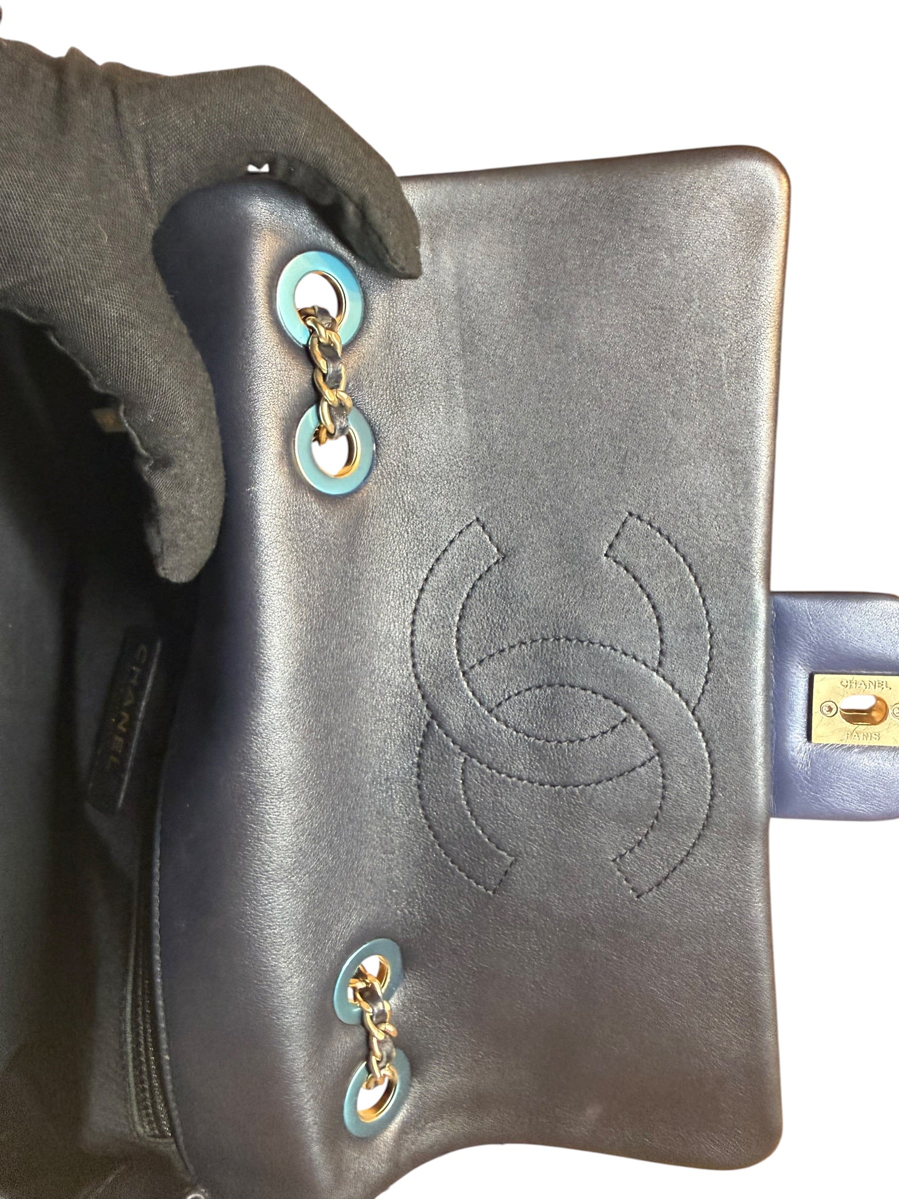 Authentic Chanel Blue Leather Bag with Black Trim Full Set- Pre Owned