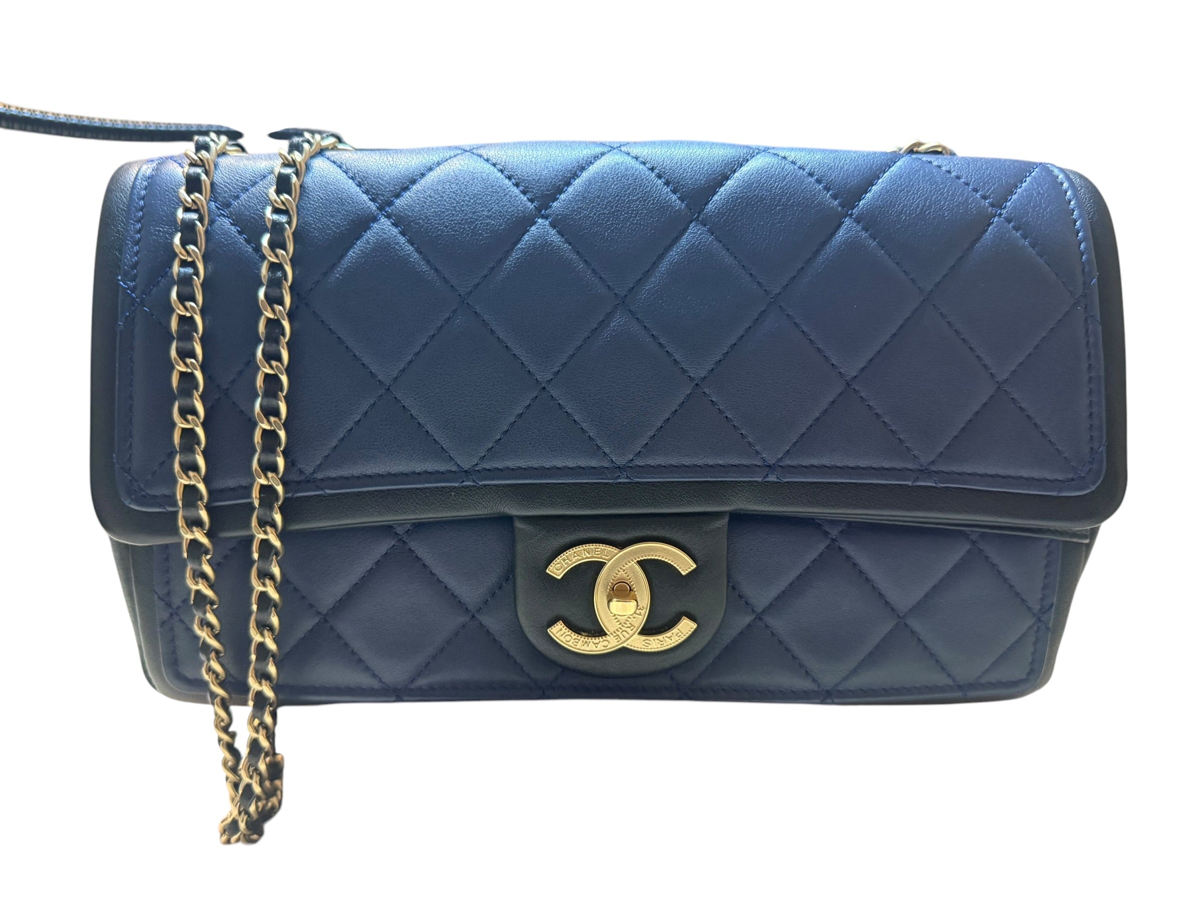 Authentic Chanel Blue Leather Bag with Black Trim Full Set- Pre Owned