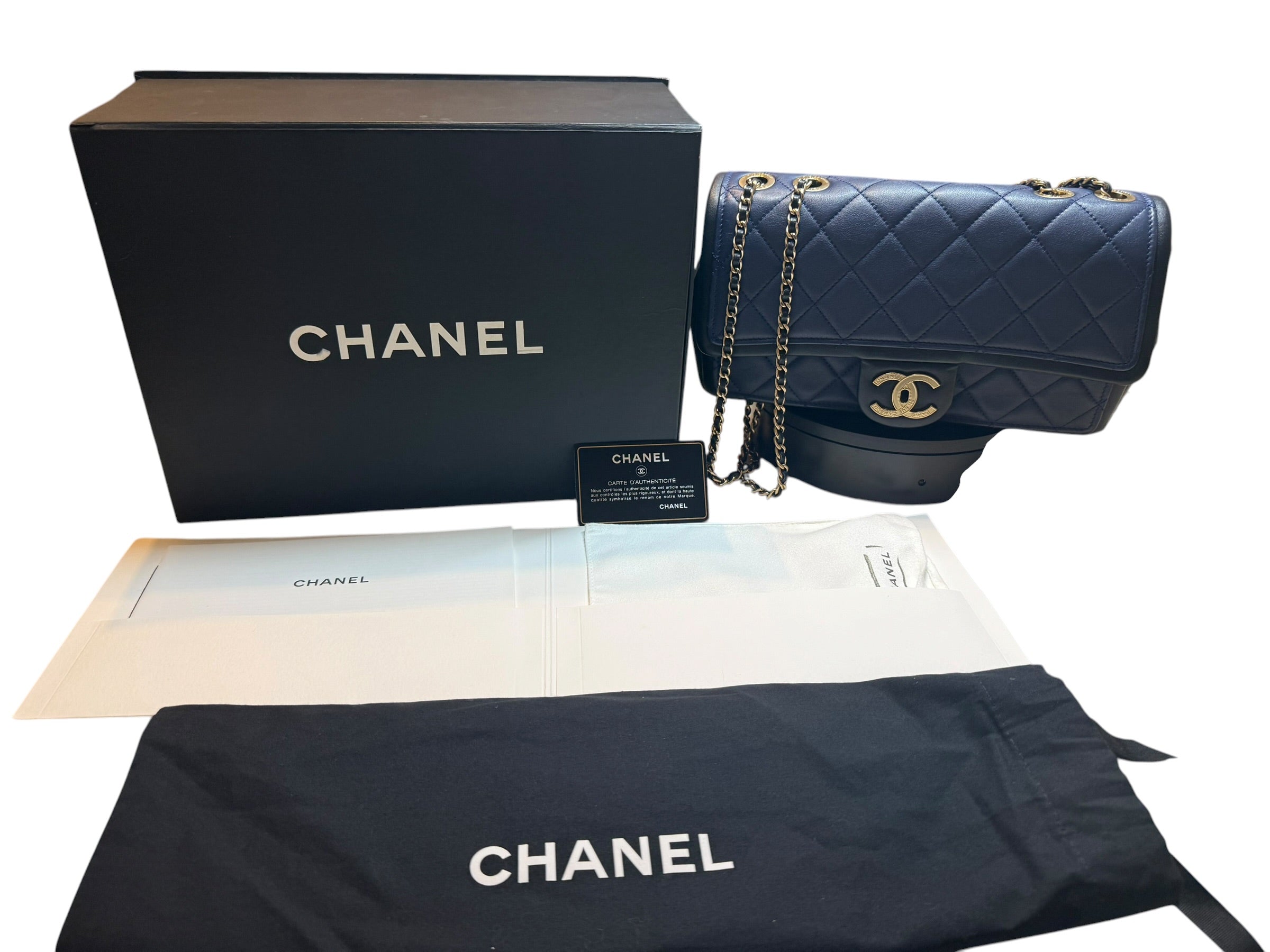 Authentic Chanel Blue Leather Bag with Black Trim Full Set- Pre Owned